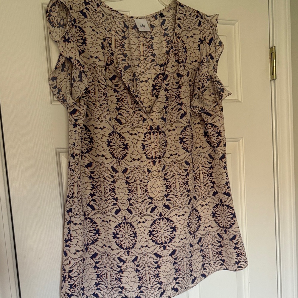 CAbi Navy and White Patterned Blouse
